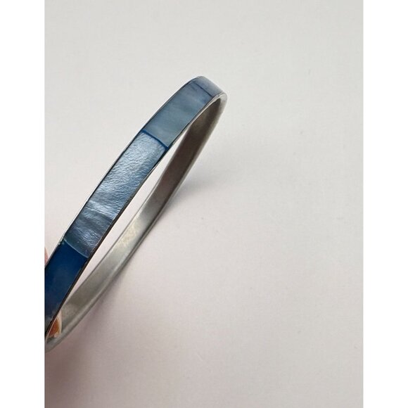 Vintage Blue Mother of Pearl Inlay Bangle Bracelet Silver Tone Beach Boho - Picture 4 of 6